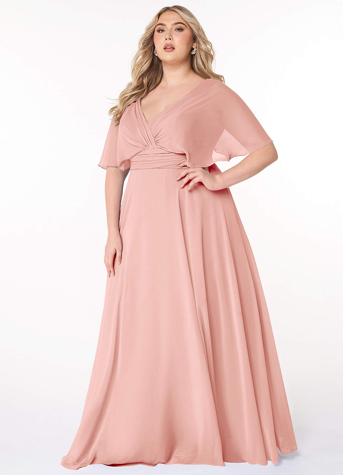Azazie Pamela Brautjungfernkleider A-Linie V-Hals Gefaltet Chiffon Kleid Rosettenrosa image1