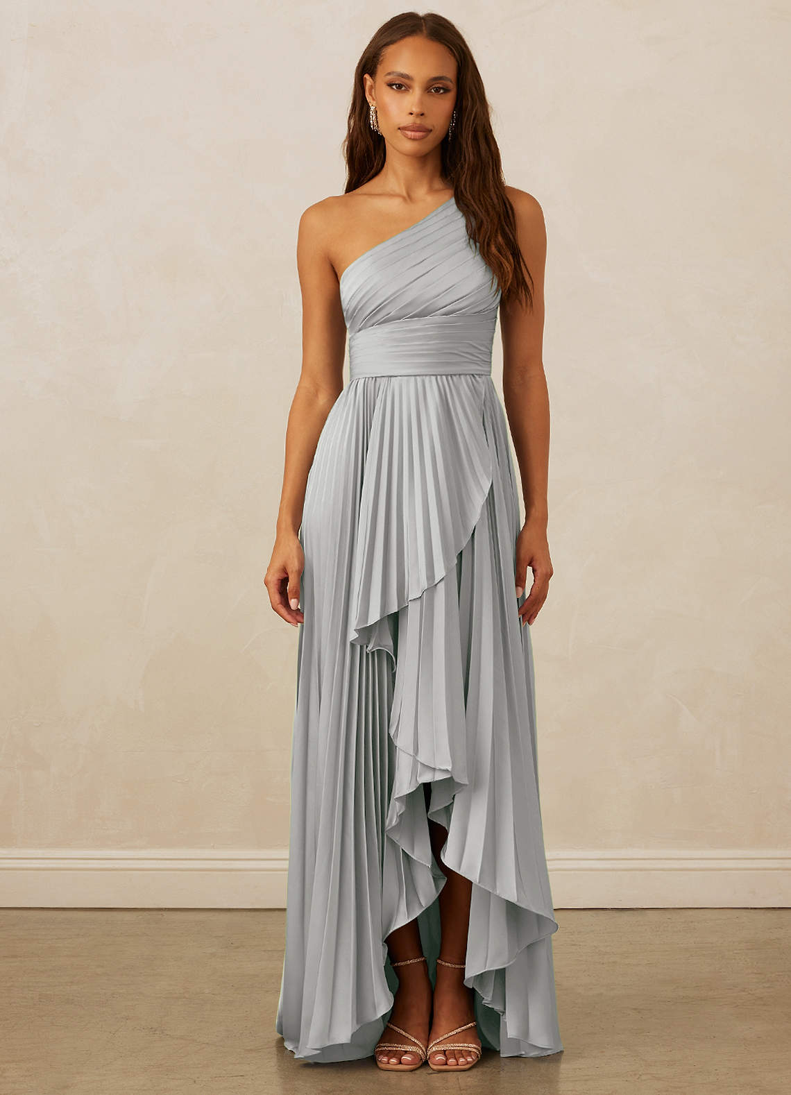 Christian Siriano Bridal for Azazie 1008 Bridesmaid Dresses Silver A-Line One Shoulder Stretch Satin Dress image1