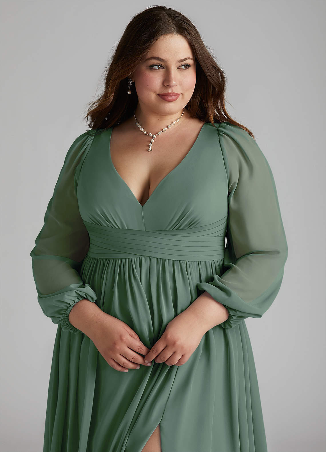 Azazie Norah Bridesmaid Dresses Eucalyptus A-Line V-Neck Long Sleeve Chiffon Dress image9