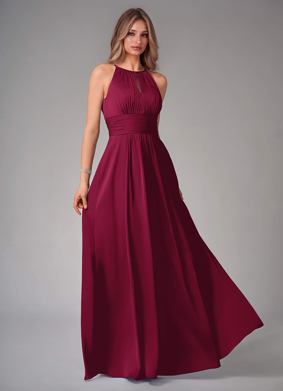 Azazie Bonnie Bridesmaid Dresses Burgundy A-Line Pleated Stretch Satin Dress image1