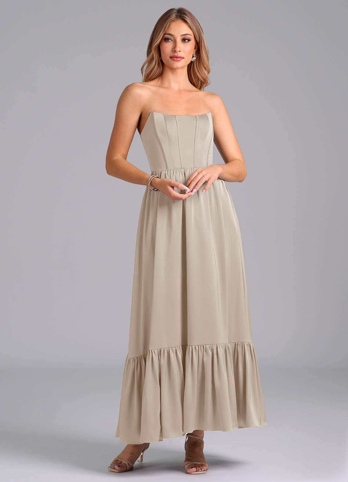 Azazie Leilana Bridesmaid Dresses Frost A-Line Corset Stretch Satin Dress image1