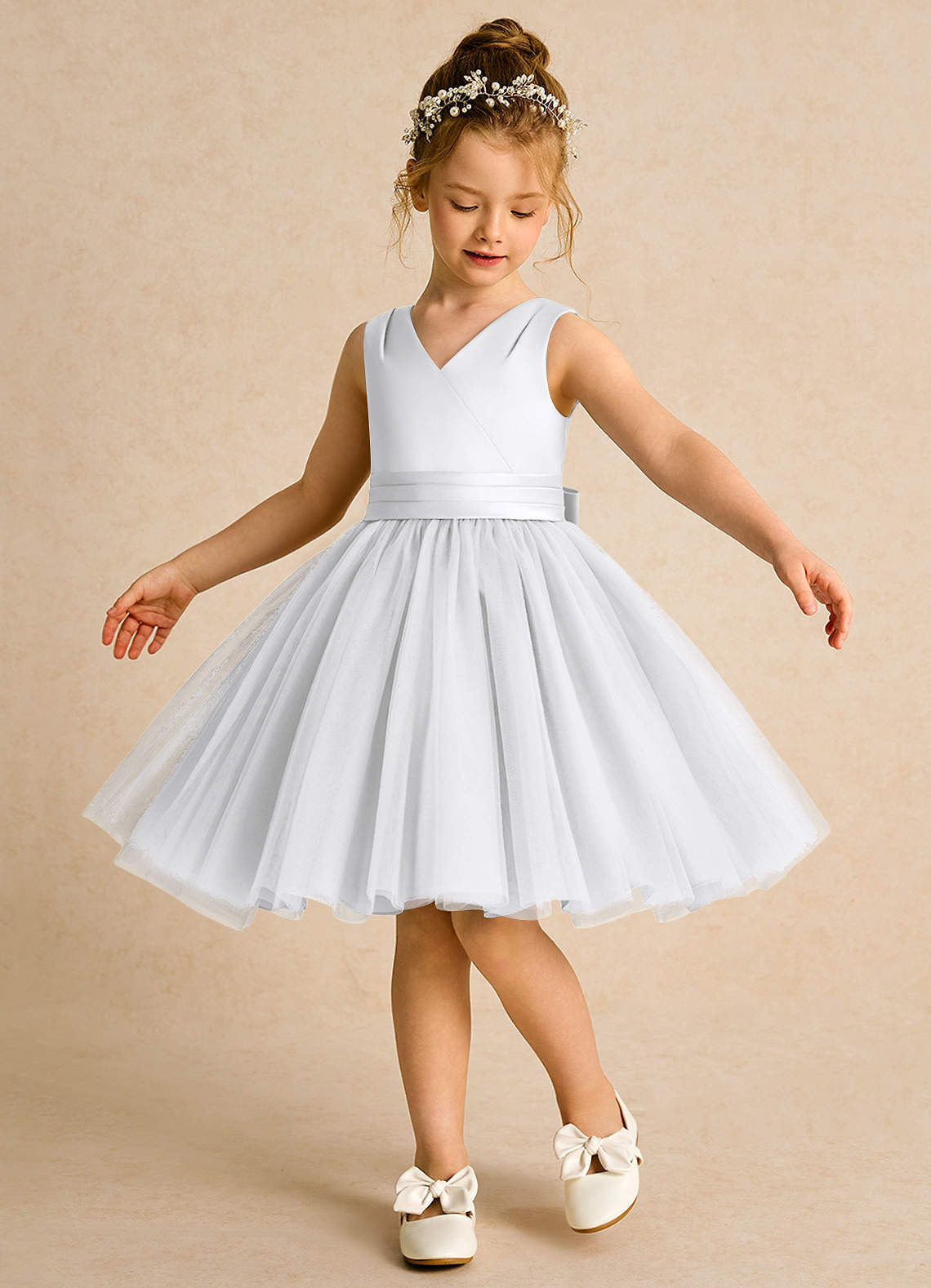 Azazie Tadpole Flower Girl Dresses White A-Line Pleated Matte Satin Dress image1