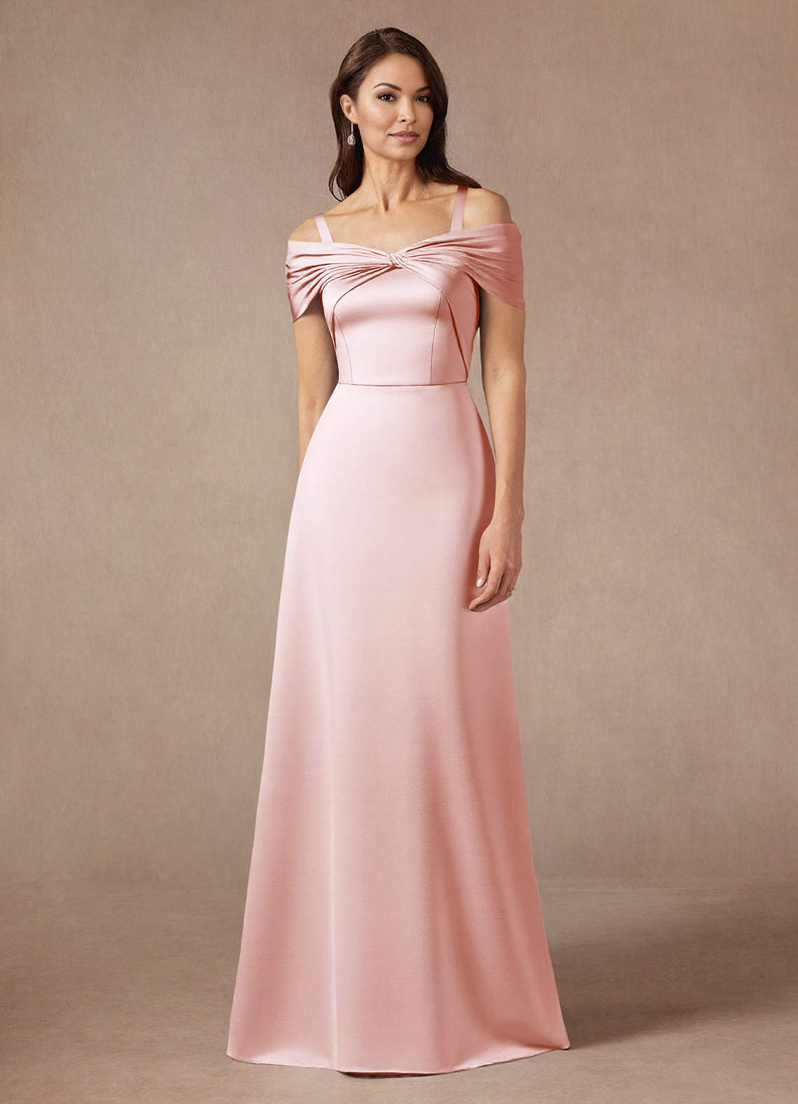 Azazie Amelia Mother of the Bride Dresses Blushing Pink A-Line Off the Shoulder Stretch Satin Dress image4
