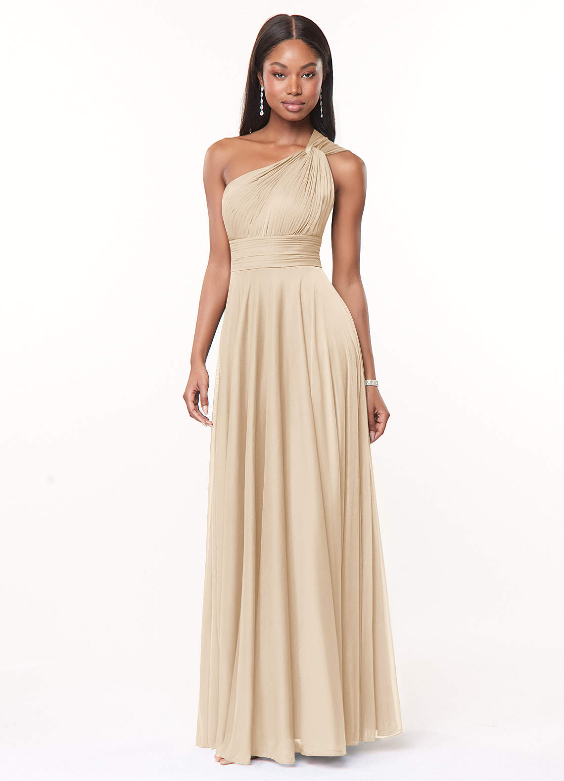 Azazie Charlize Ready to Ship Champagne Mesh Bridesmaid Dresses