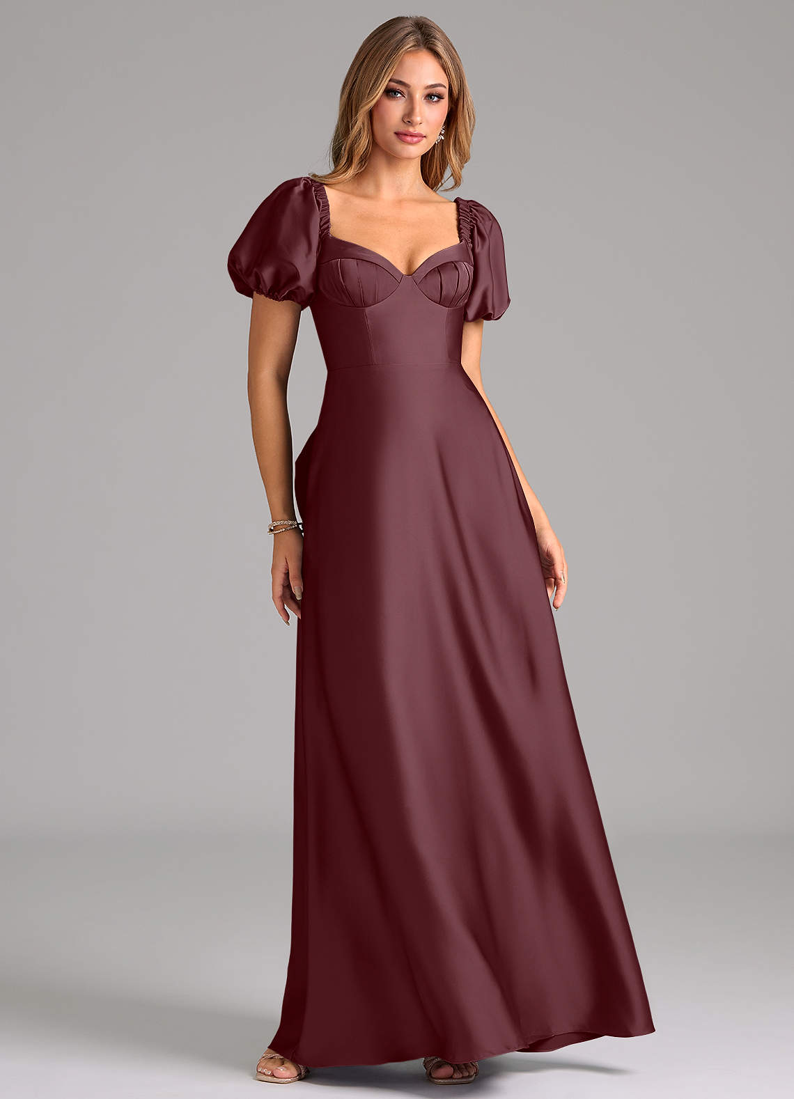Azazie Fatima Vestidos de damas de honor Vestido de Sangrado de Satén Elástico de Corte en A con Plisado image1