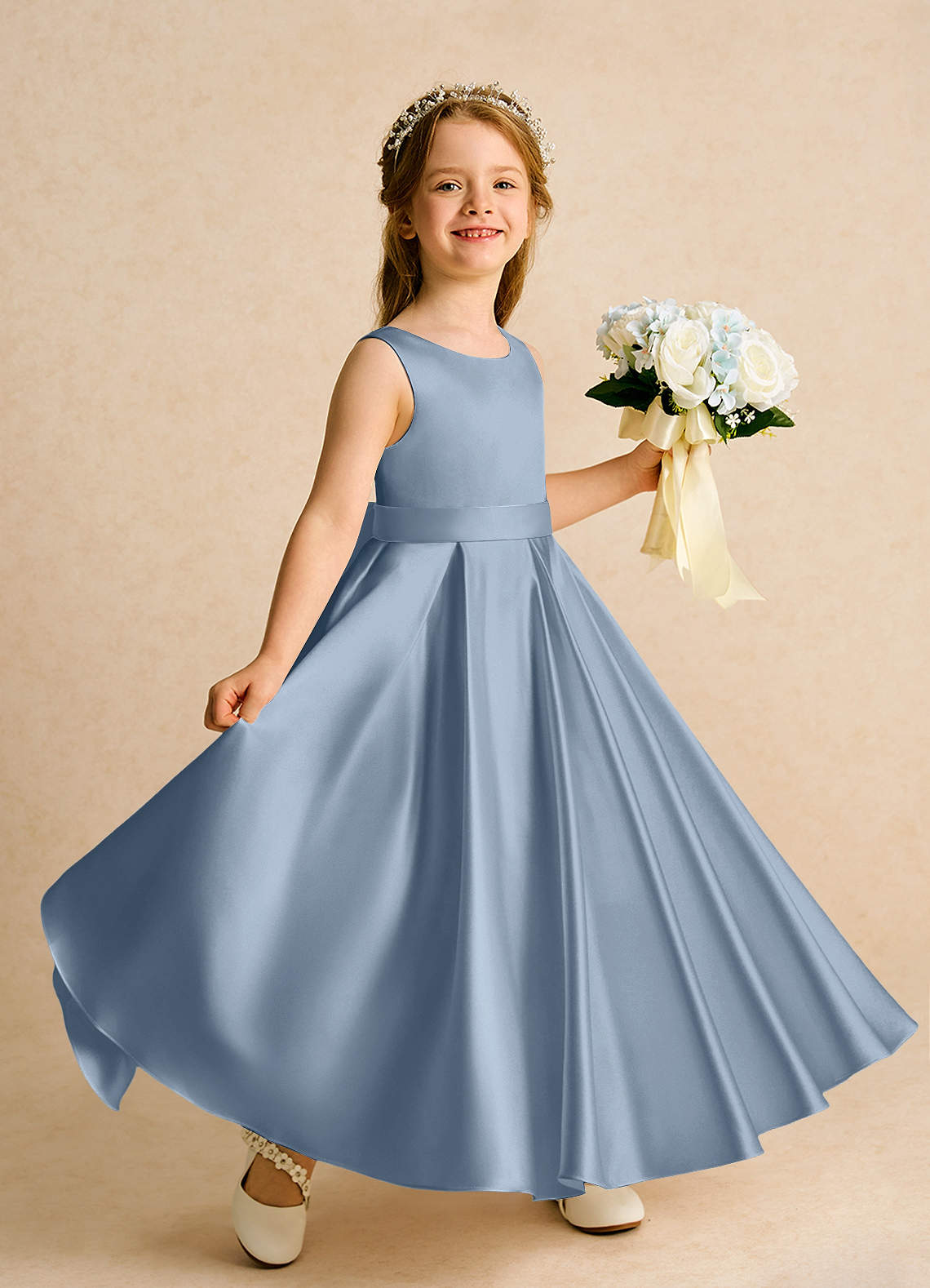 Azazie Cherry Dusty Blue Dusty Blue Ball-Gown Pleated Matte Satin Dress |  Azazie