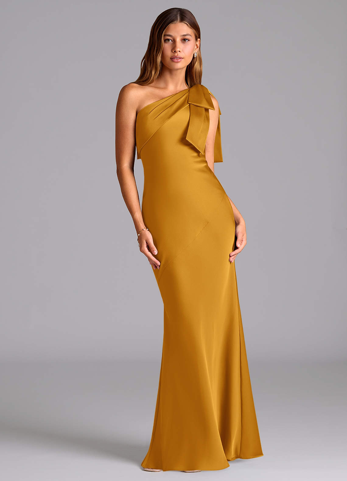 Azazie Yuanna Bridesmaid Dresses Butterscotch Mermaid One Shoulder Stretch Satin Dress image1