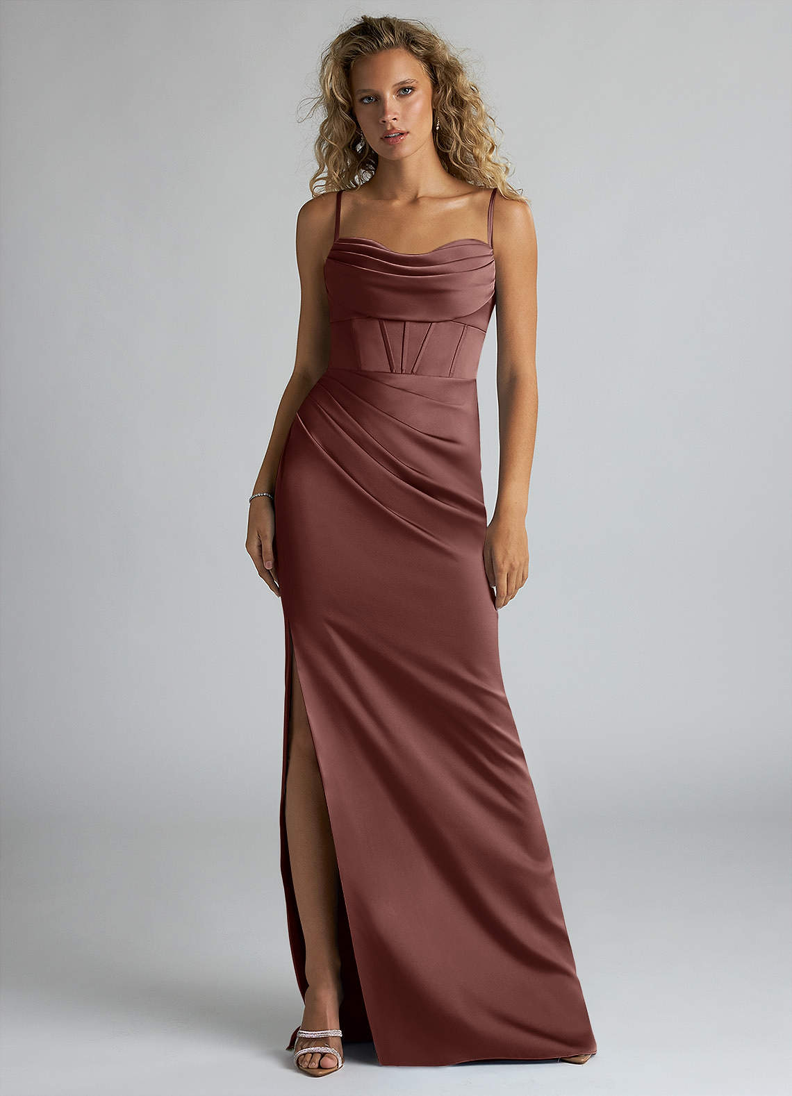 Azazie Mai At-home Try On Dresses Auburn Sheath Pleated Stretch Satin Dress image1