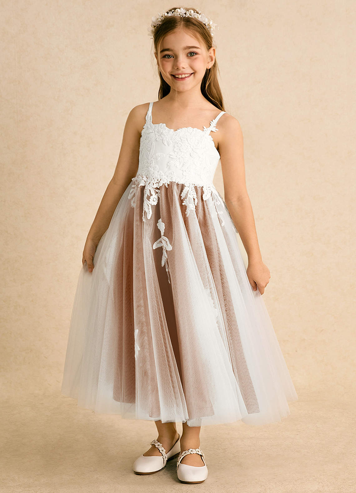 Azazie Coraline vestidos de niña de las flores Vestido de Marfil Cobre de Encaje de Corte En A image1