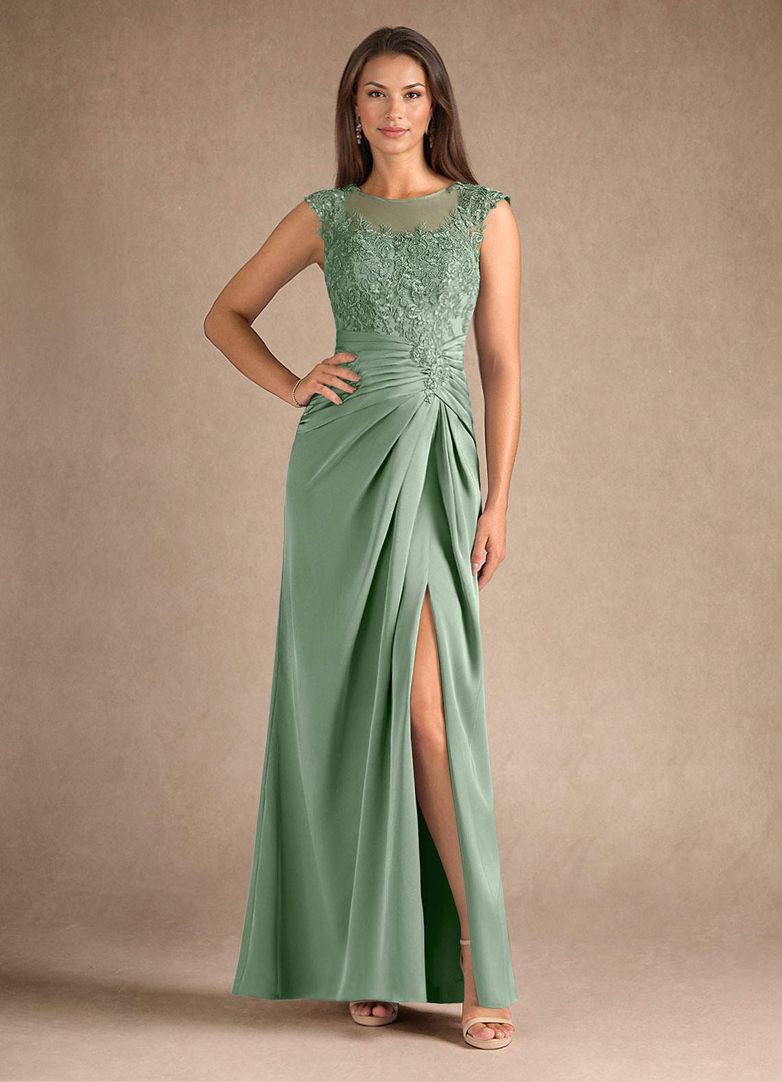 Azazie Santa Barbara vestidos de madre de la novia Vestido de Matcha de Satén Elástico de Recto con Plisado image1