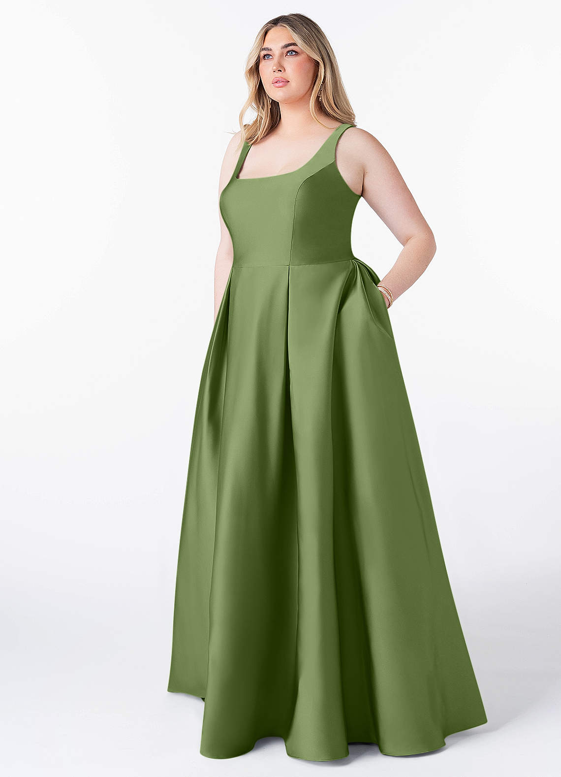 Azazie Neve Abiti da Damigella Abito Principessa in Raso Elasticizzato Con Tasche Ginepro image1