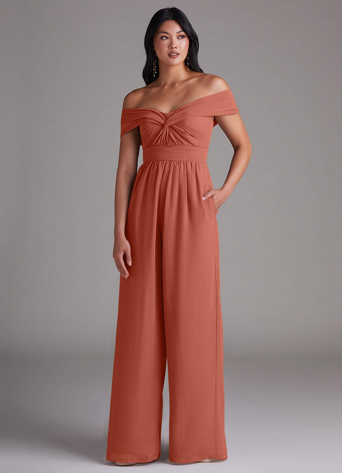 Azazie Lamara Bridesmaid Dresses Clay Off the Shoulder Chiffon Convertible Jumpsuit image1