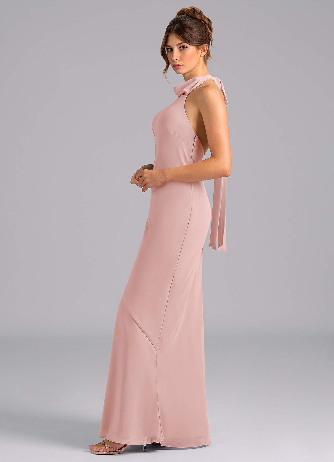 Azazie Velli Bridesmaid Dresses Powder Pink Mermaid High Neck Chiffon Dress image4