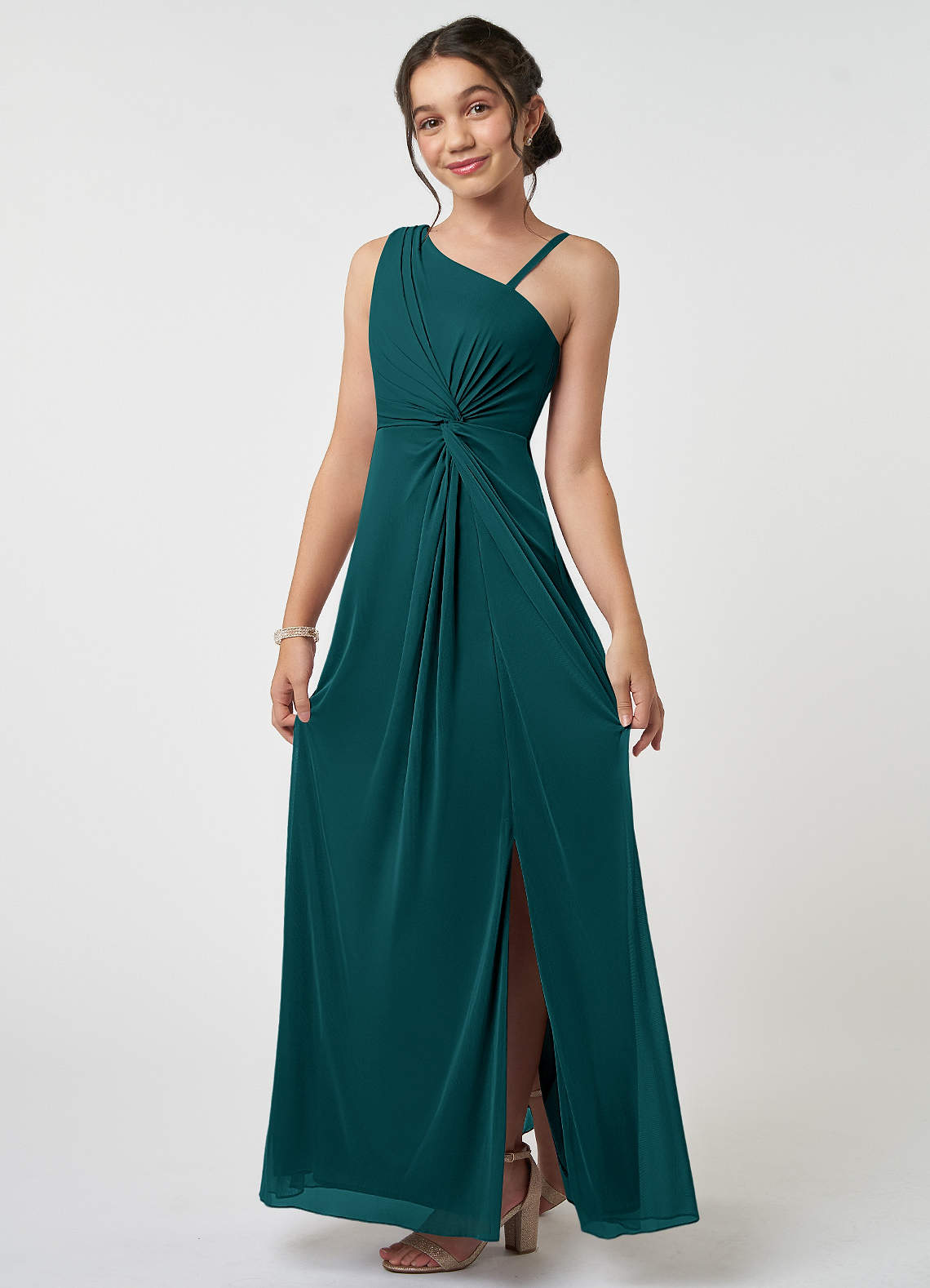 Azazie Brooke Junior Abito A-Line in Maglia Plissettato Verde Pavone image2