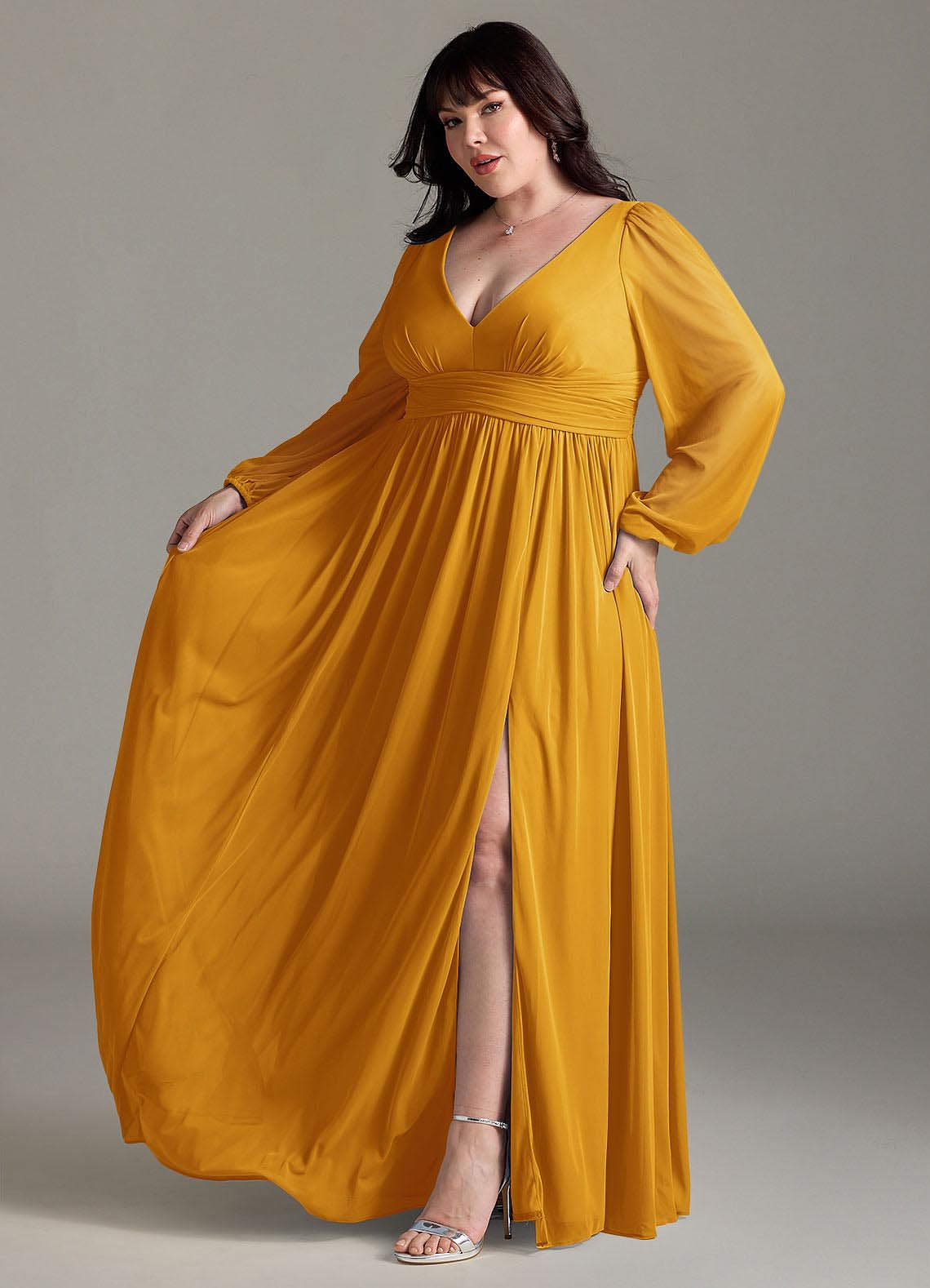 Azazie Plus Size A-Line V-Neck Long Sleeve Floor-Length Chiffon Bridesmaid Dresses