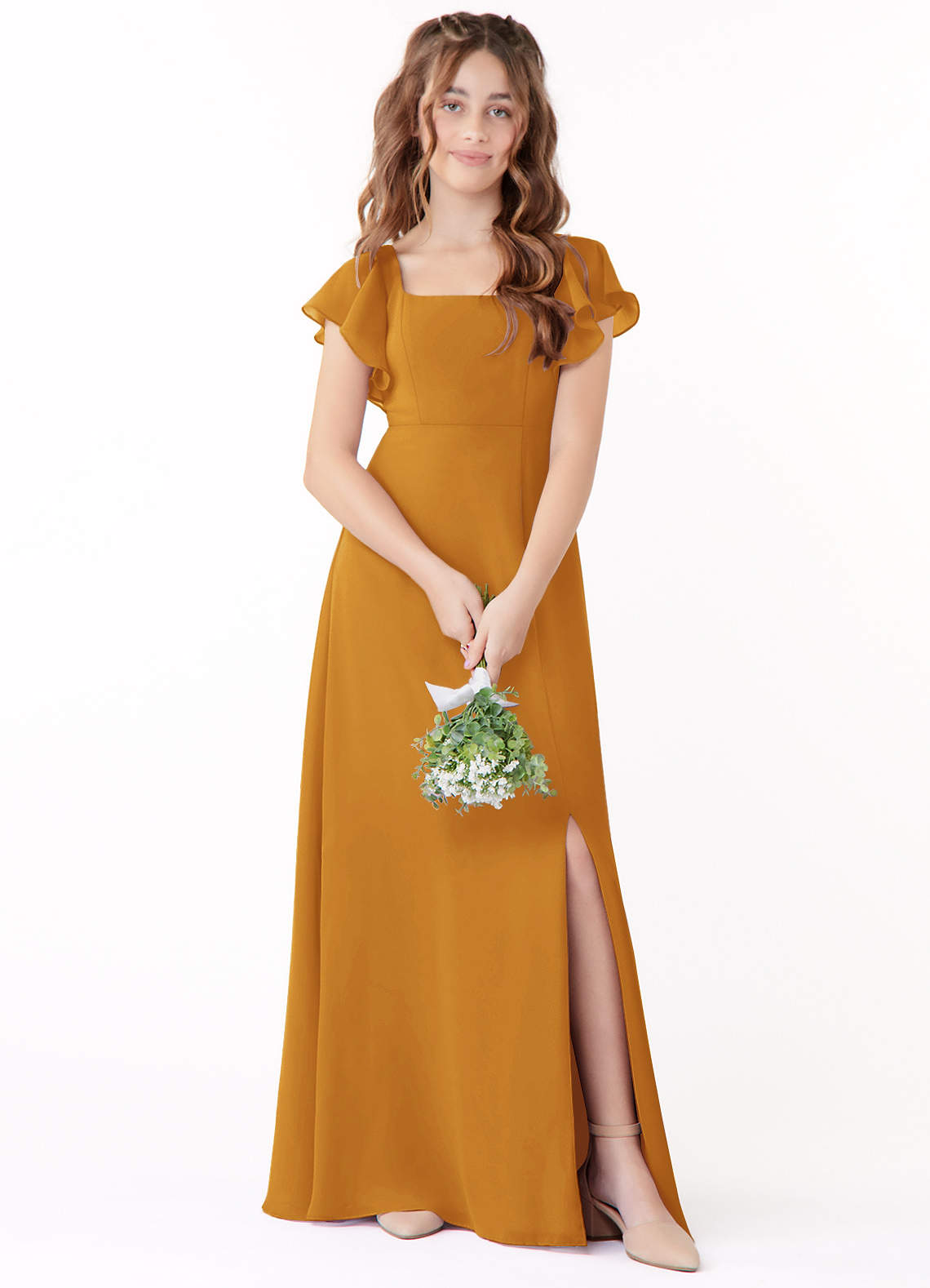 Azazie Bondi Junior Butterscotch A-Line Bow Chiffon Dress image1