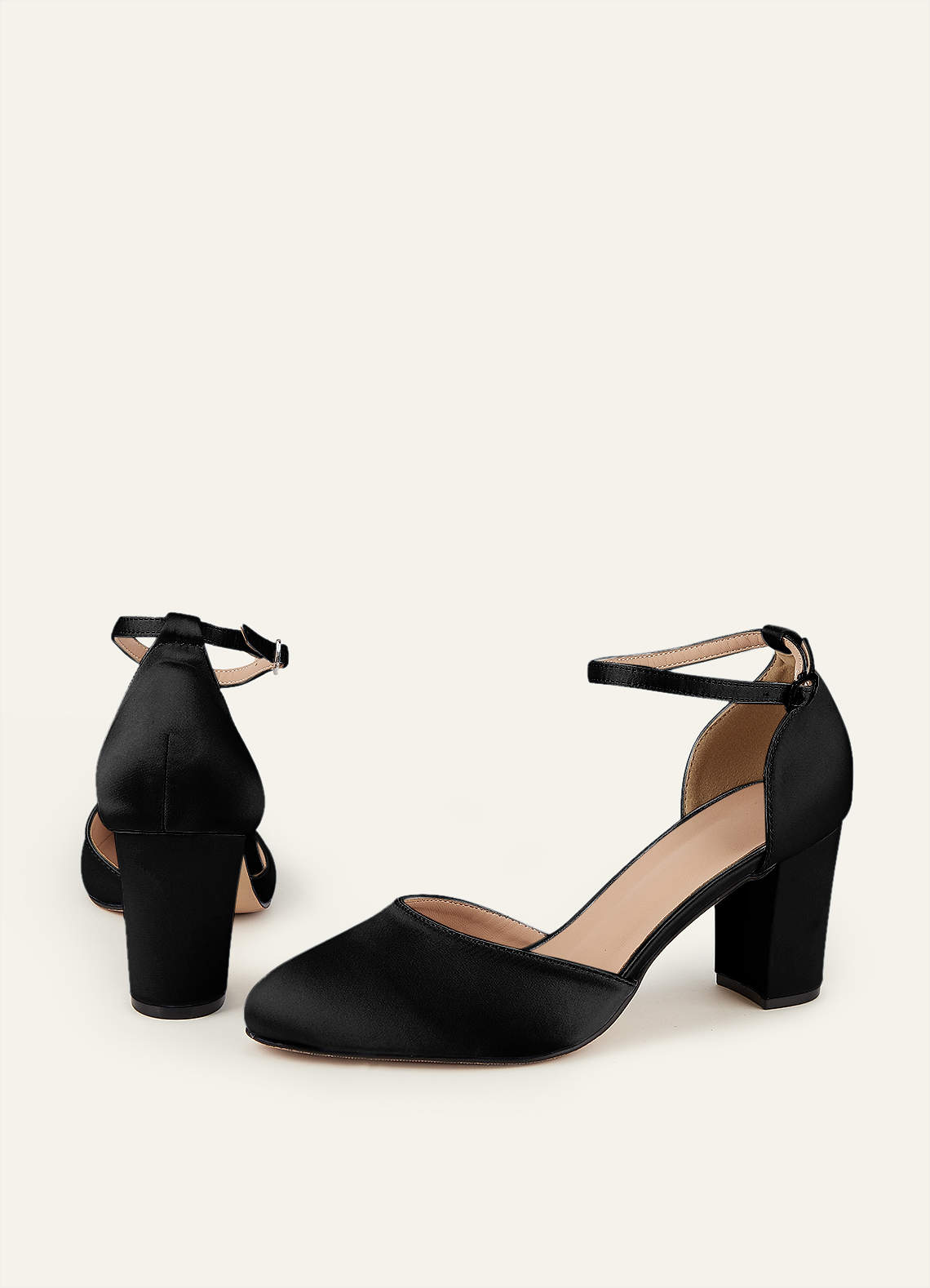 front Satin Ankle Strap Pointed Toe Block Heels