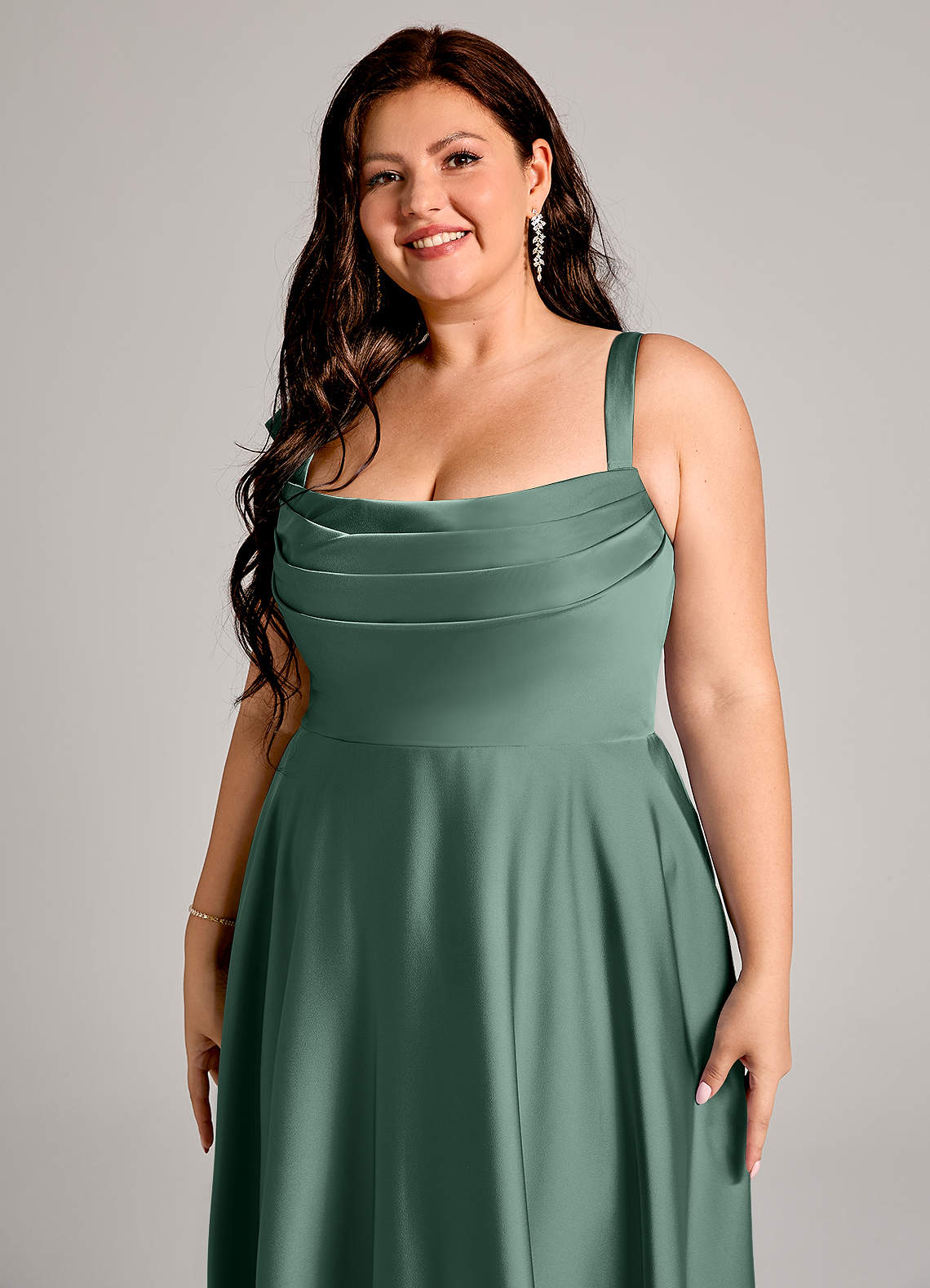 Azazie Shaude Bridesmaid Dresses Eucalyptus A-Line Pleated Stretch Satin Dress image8