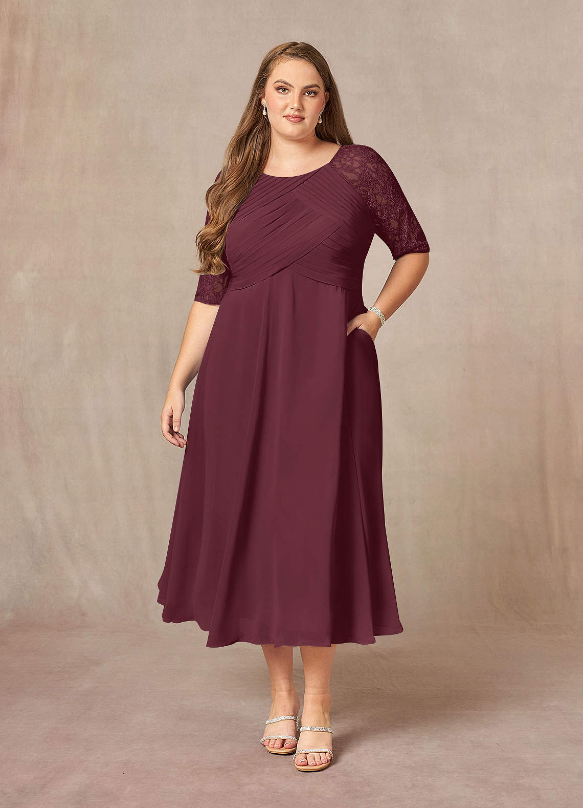Azazie Dorothea At-home Try On Dresses Cabernet A-Line Scoop lace Chiffon Dress image4