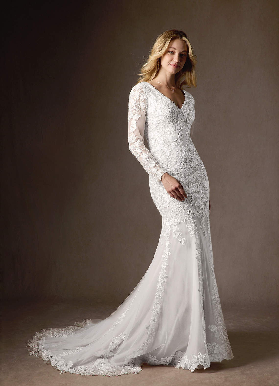 Azazie Dulce Amor Diamond White Mermaid V-Neck lace Tulle Dress