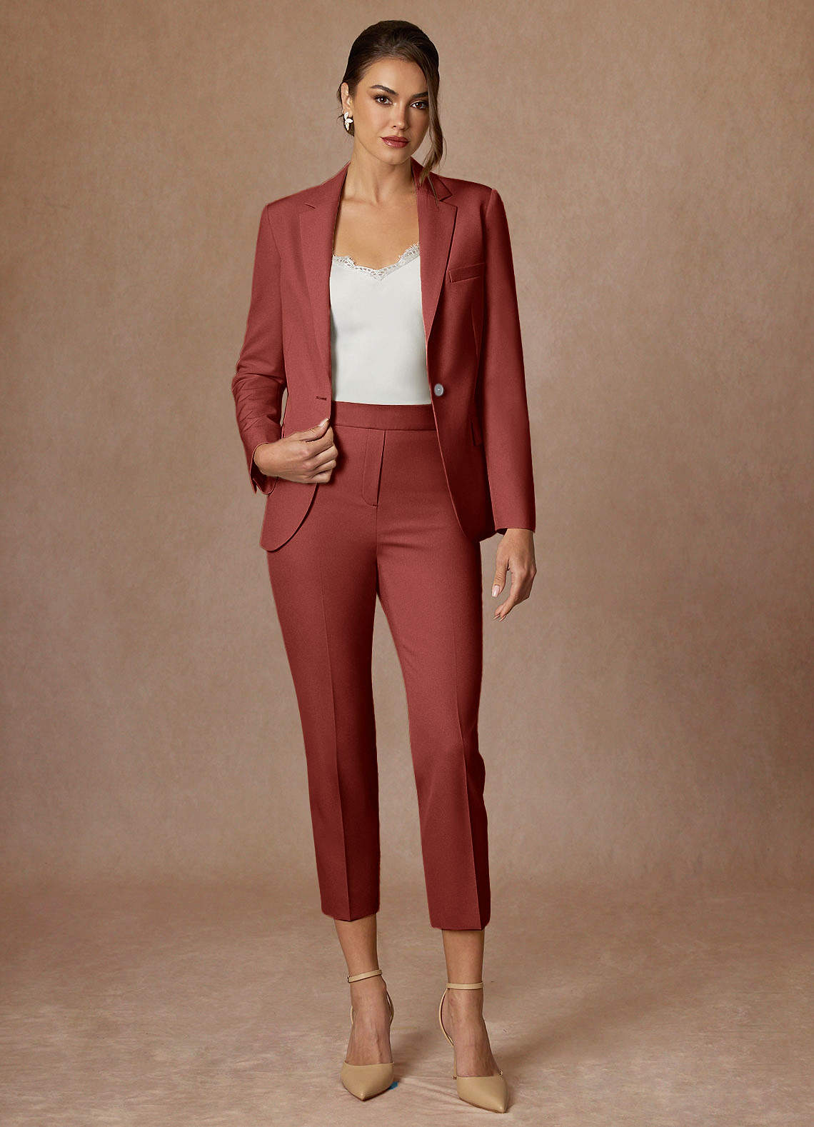 front Kennedy Terracotta Structured Stretch Pants Suit