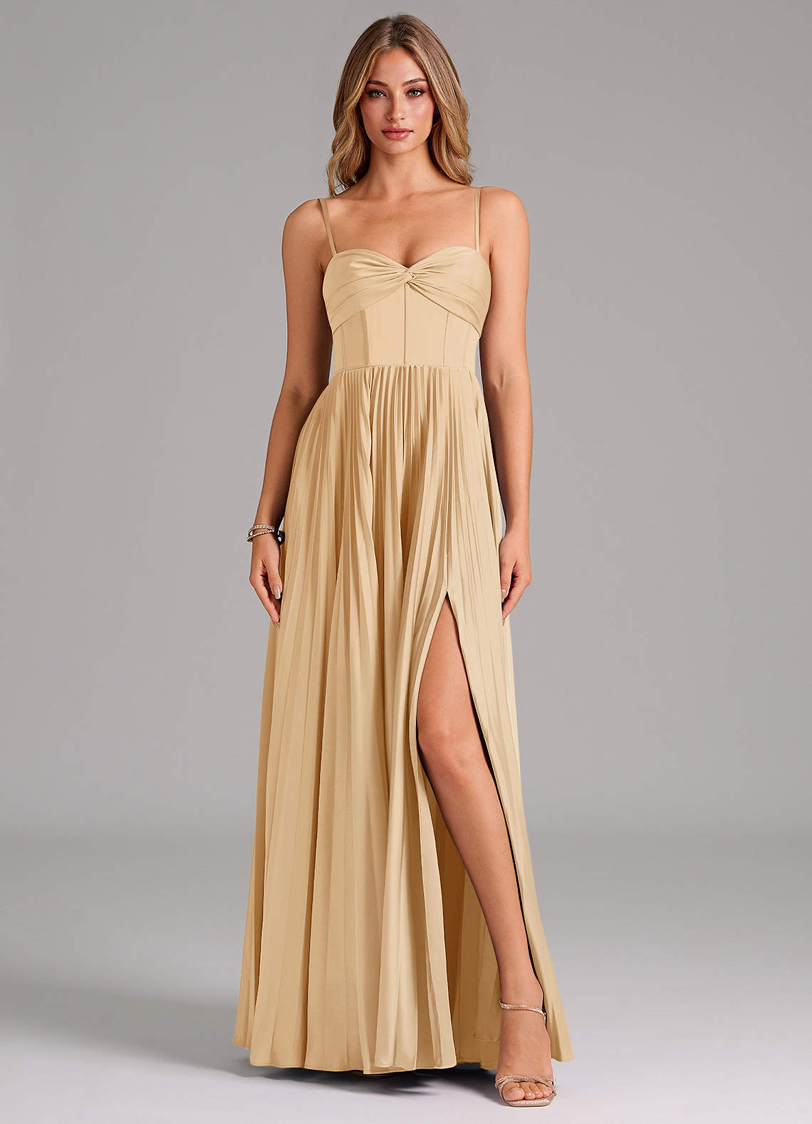 Azazie Tyla Bridesmaid Dresses Gold A-Line Sweetheart Neckline Stretch Satin Dress image1