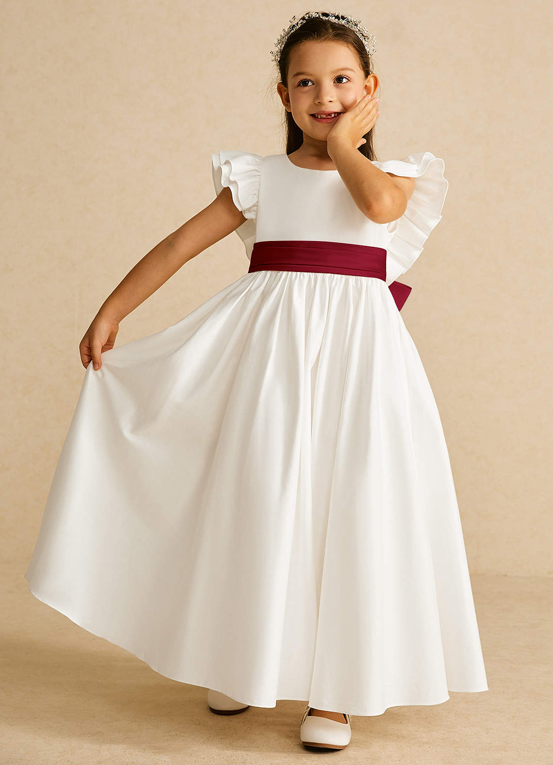 Azazie Aero Flower Girl Dresses Ivory Burgundy A-Line Pleated Cotton Dress image5