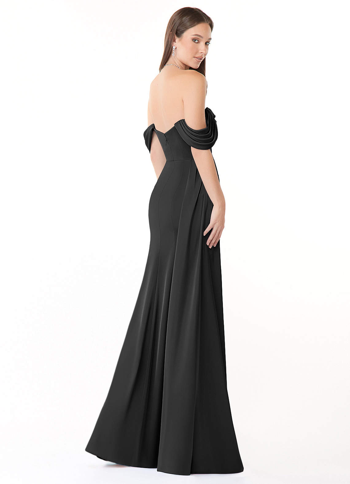 Azazie Amyra Bridesmaid Dresses Black Sheath Off the Shoulder Stretch Satin Convertible Dress image4