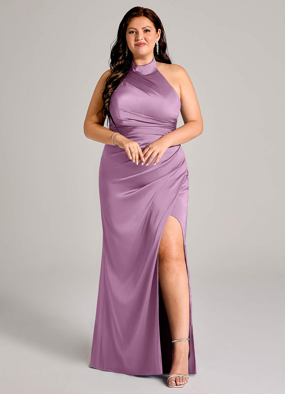 Azazie Jemma Bridesmaid Dresses Wisteria Sheath Pleated Stretch Satin Dress image1