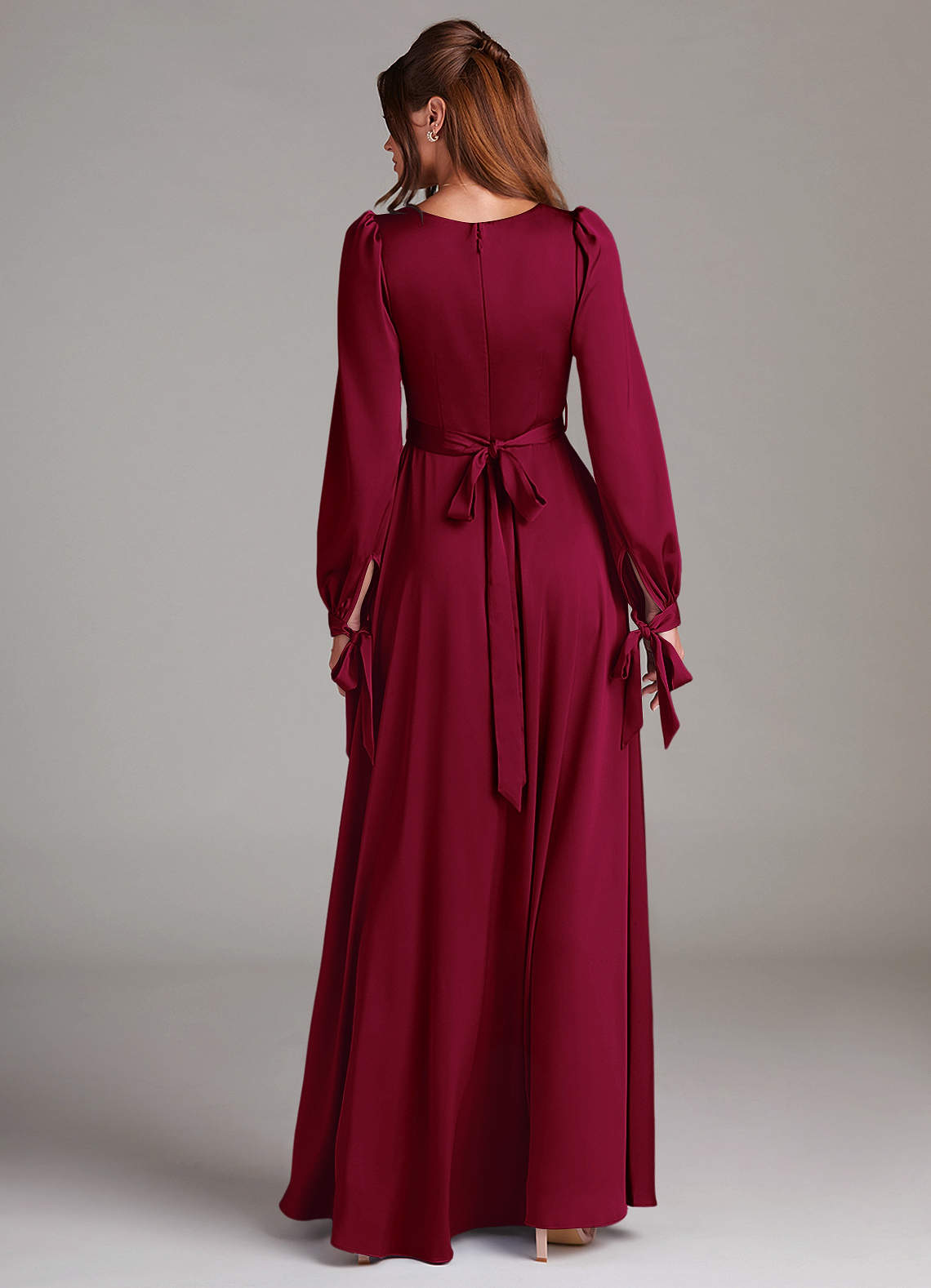 Azazie Leonia Bridesmaid Dresses Burgundy A-Line Long Sleeve Stretch Satin Dress image1