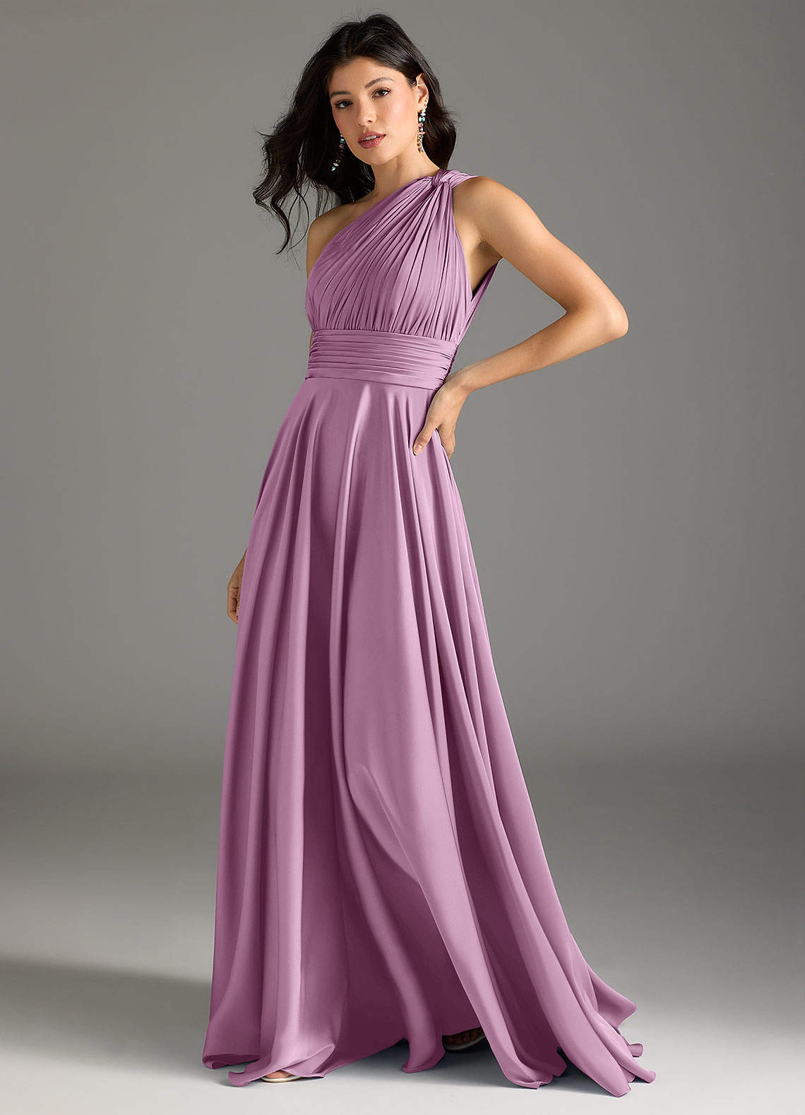 Azazie Charlize Bridesmaid Dresses Wisteria A-Line One Shoulder Stretch Satin Dress image3