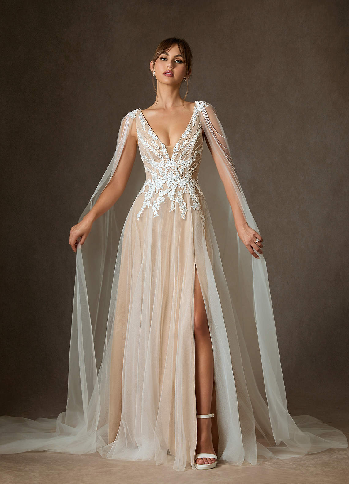 Azazie Goddess Diamond White Sand A-Line V-Neck Sequins Tulle Dress | Azazie
