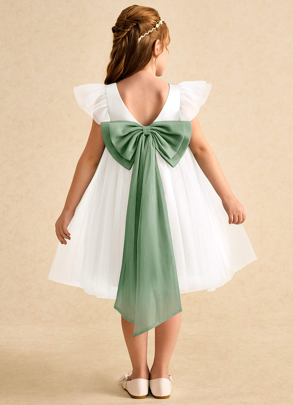 Azazie Munchkin Flower Girl Dresses Ivory Matcha A-Line Bow Tulle Dress image1