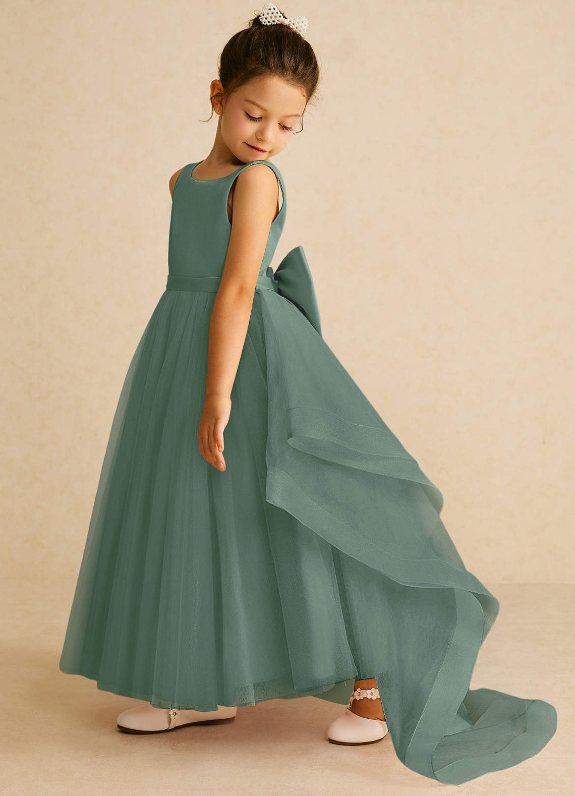 Azazie Pumpkin Flower Girl Dresses Eucalyptus A-Line Convertible Tulle Dress image3