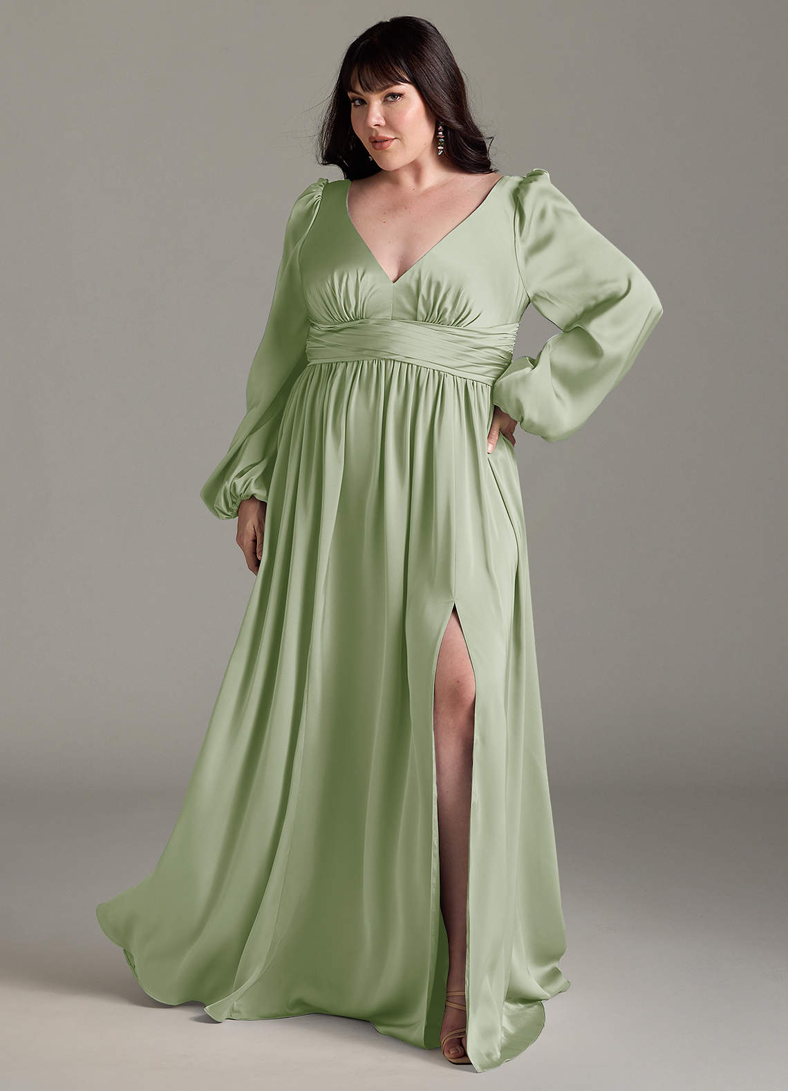 Azazie Norah Robes de demoiselle d'honneur Robe Trapèze en Satin extensible Vert Sauge image1