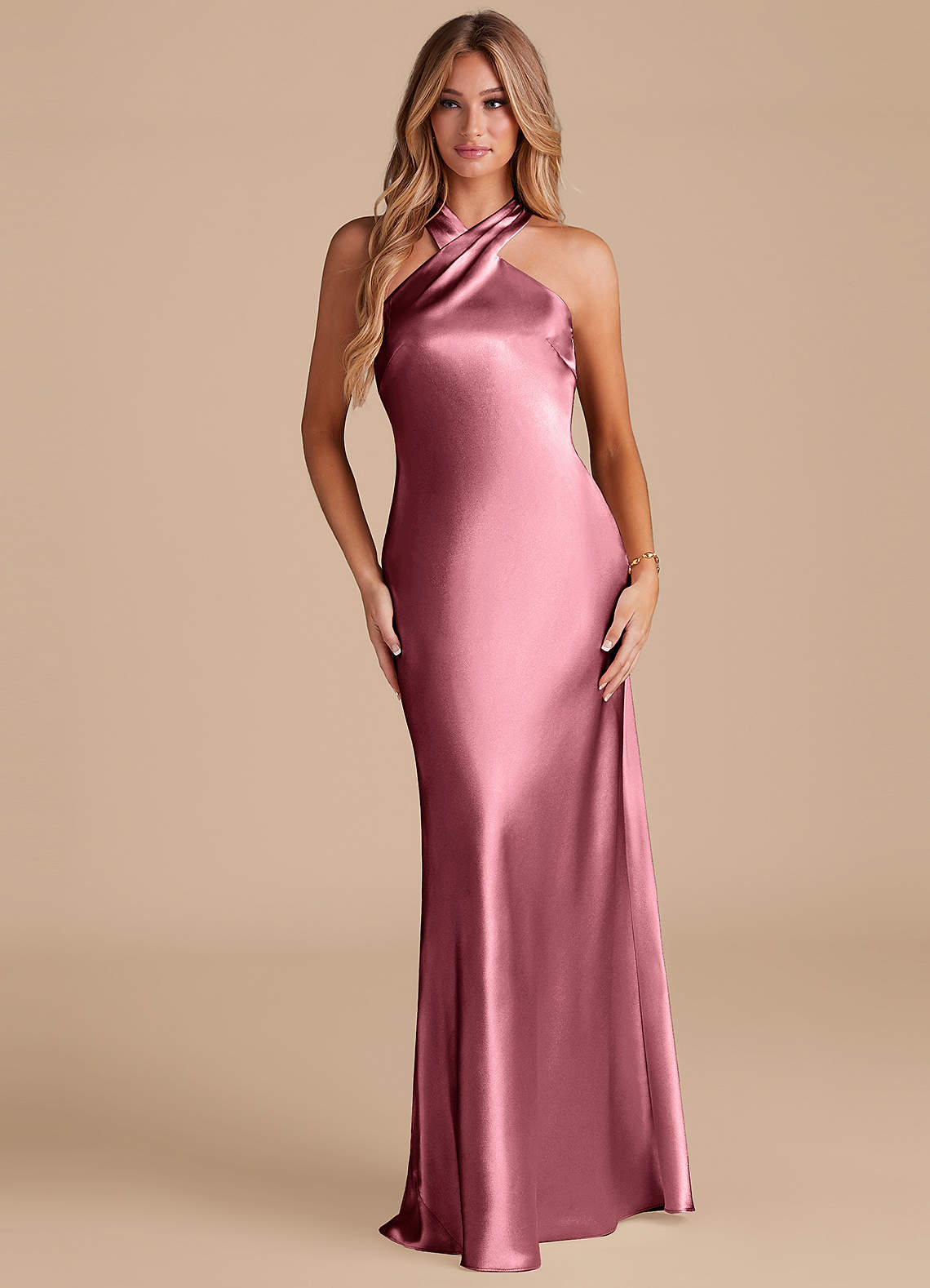 Azazie Doretta Vestidos de damas de honor Vestido de Rosa Del Desierto de Satén Metálico de Corte Sirena con Lazo image1