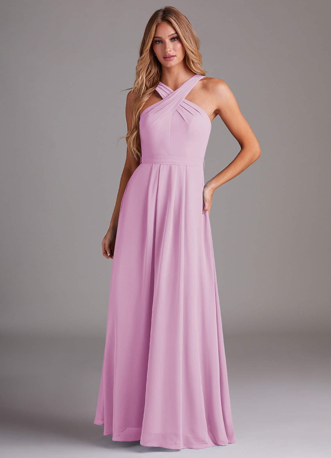 Azazie Dixie Bridesmaid Dresses Candy Pink A-Line Halter Pleated Chiffon Dress image1