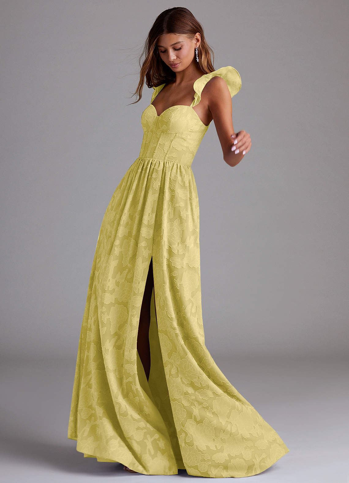 Azazie Denisse Robes de demoiselle d'honneur Robe Trapèze en Blumen-Burnout Rayé Canari image1