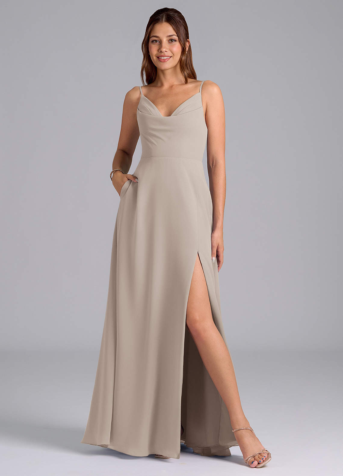 Azazie Sarella Bridesmaid Dresses Frost A-Line with Pockets Chiffon Dress image1