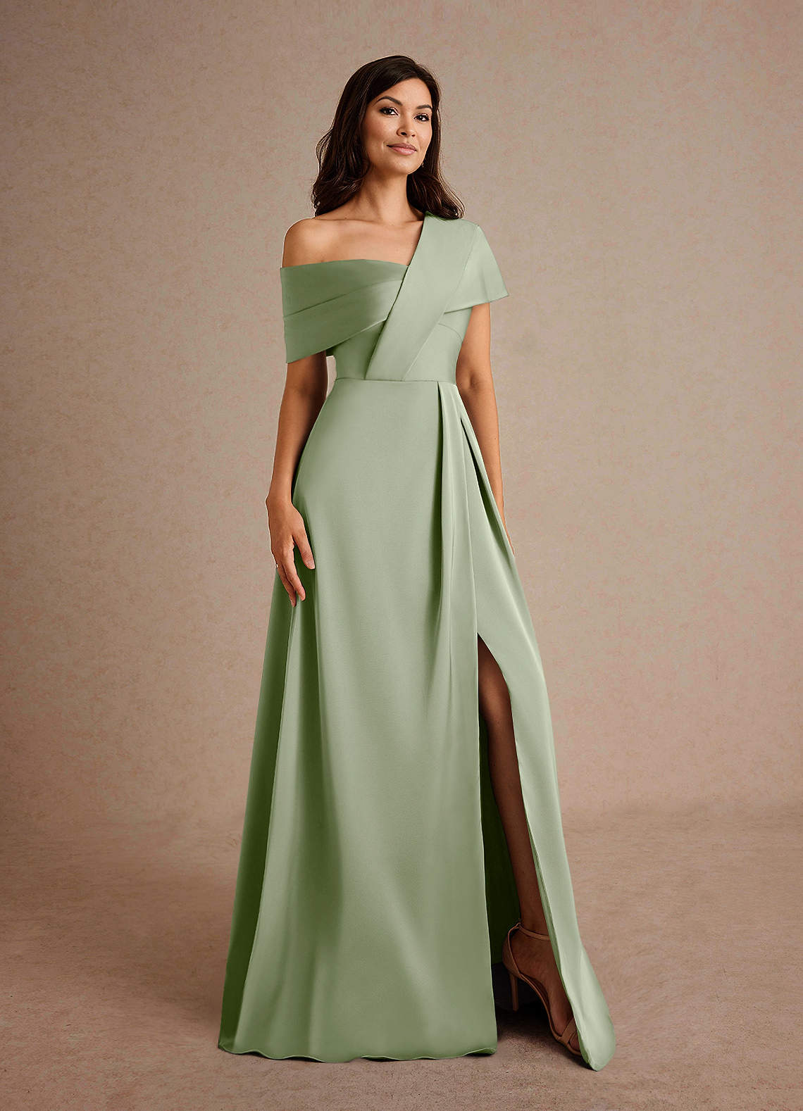 Azazie Milton Mother of the Bride Dresses Dusty Sage A-Line Pleated Stretch Satin Dress image7