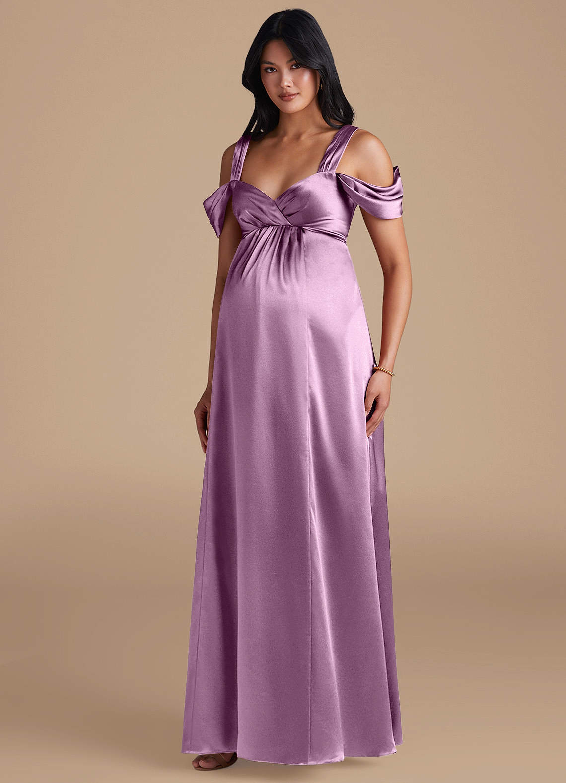 Azazie Rhea Maternity Bridesmaid Dresses A-Line Pleated Metallic Satin Floor-Length Dress image1