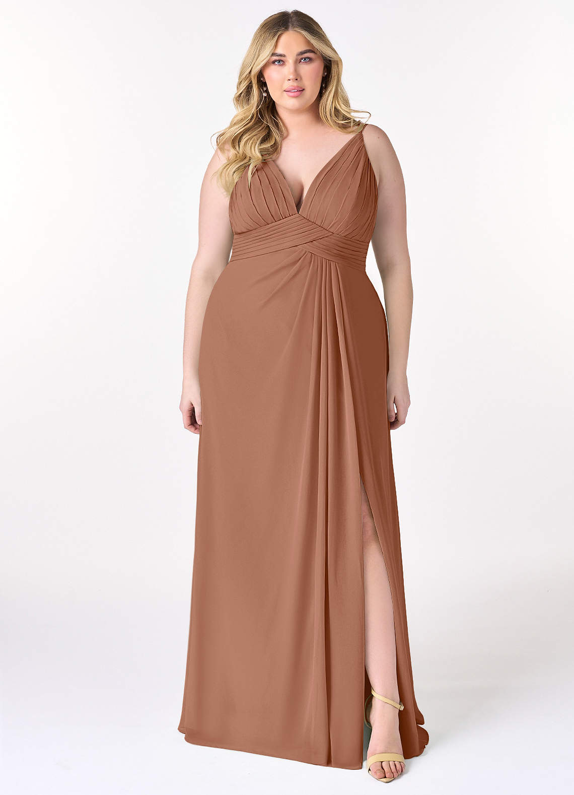 Azazie Maren Allure Jurken voor bruidsmeisjes Jurk van Chiffon met A-Lijn V-hals kant Bronzeertint image1