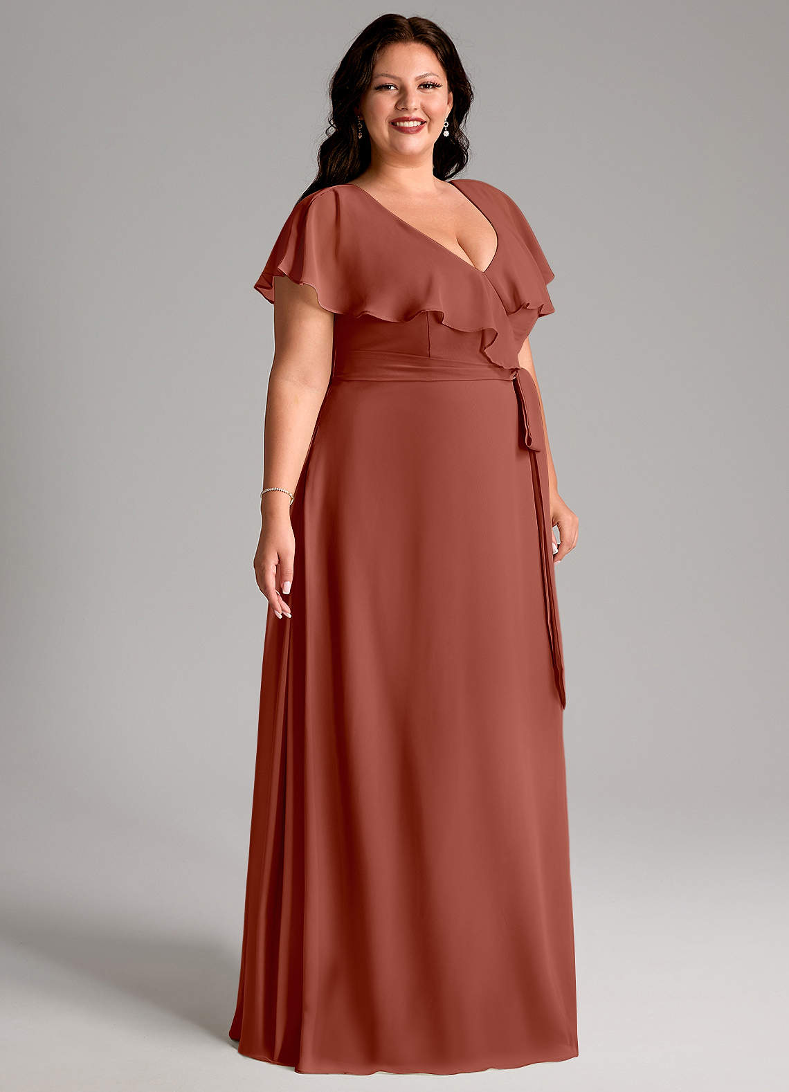 Azazie Lainey At-home Try On Dresses Dusty Sage A-Line with Pockets Chiffon Dress image10