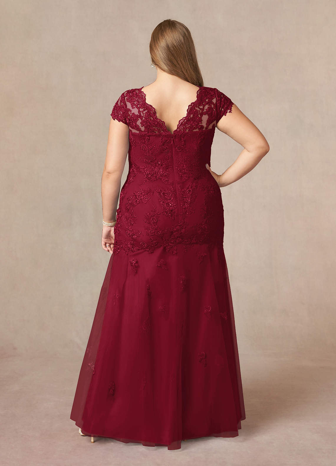 Azazie Marbella Mother of the Bride Dresses Burgundy Mermaid Queen Anne Sequins Lace Dress image8