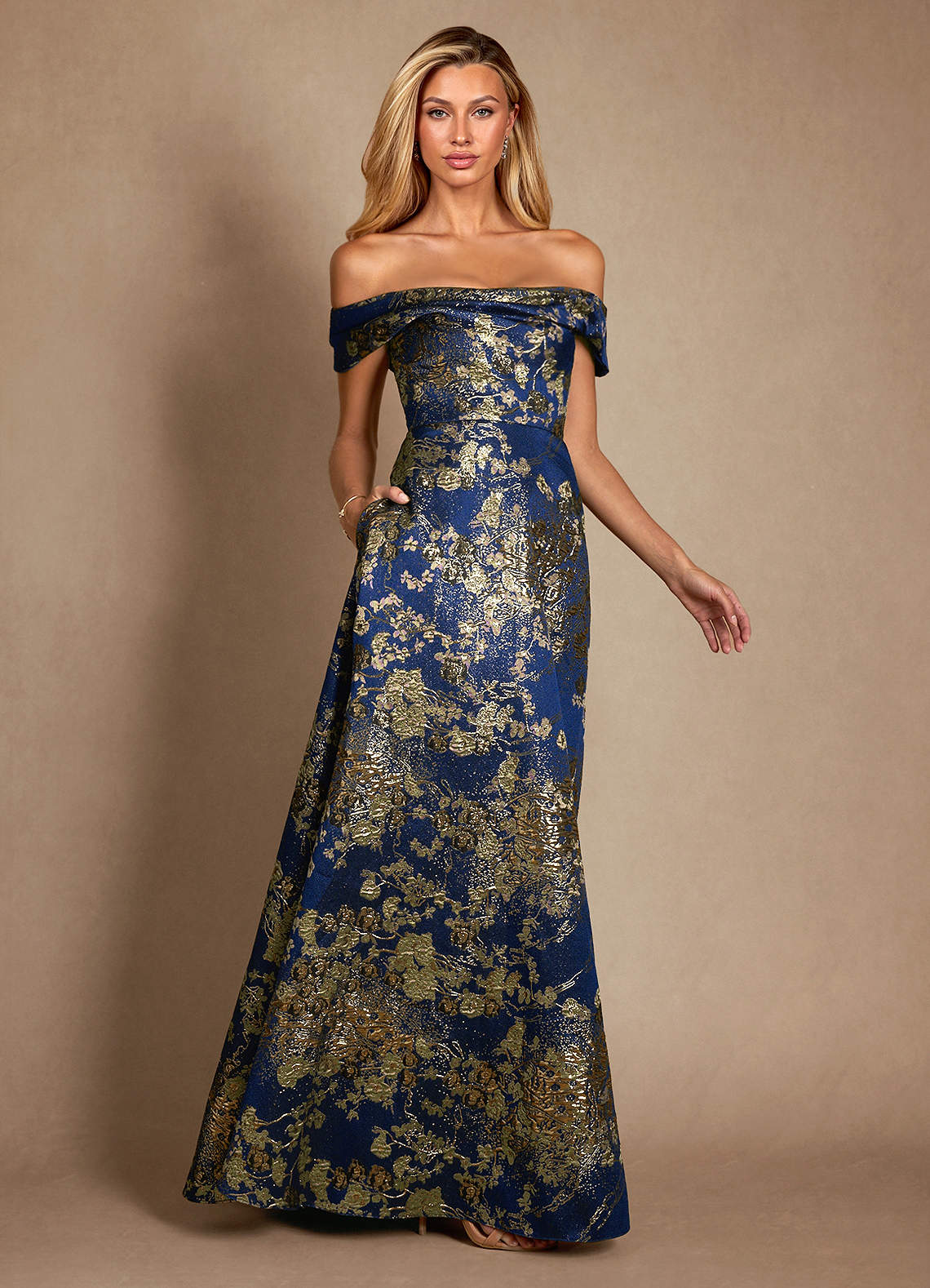 Azazie Marceline Mother of the Bride Dresses Navy Floral A-Line Off the Shoulder Jacquard Dress image1