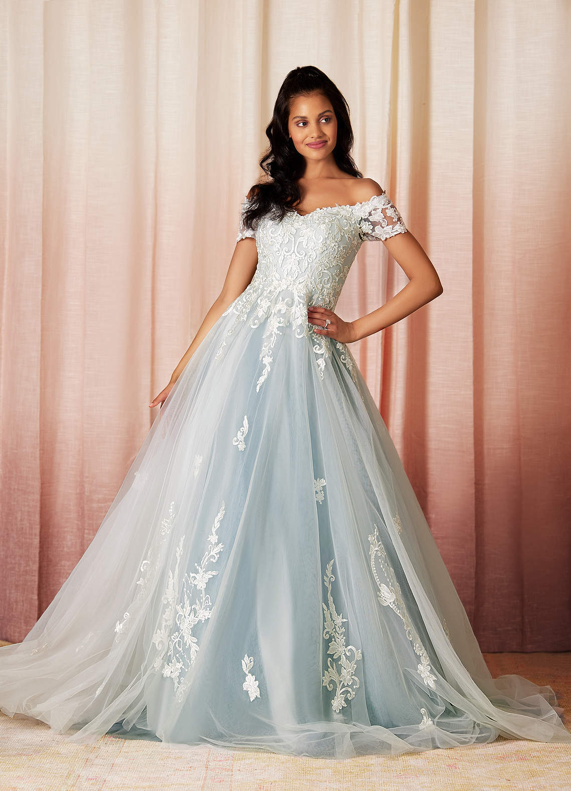 Azazie Rowe At-home Try On Dresses Cloudy Blue Ball-Gown Off the Shoulder Tulle Dress image1