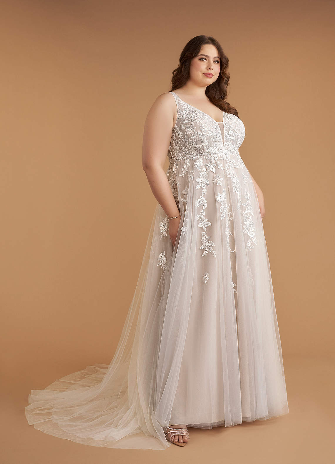 Azazie Sorella Wedding Dresses Diamond White Caramel A-Line V-Neck Sequins Tulle Dress image7