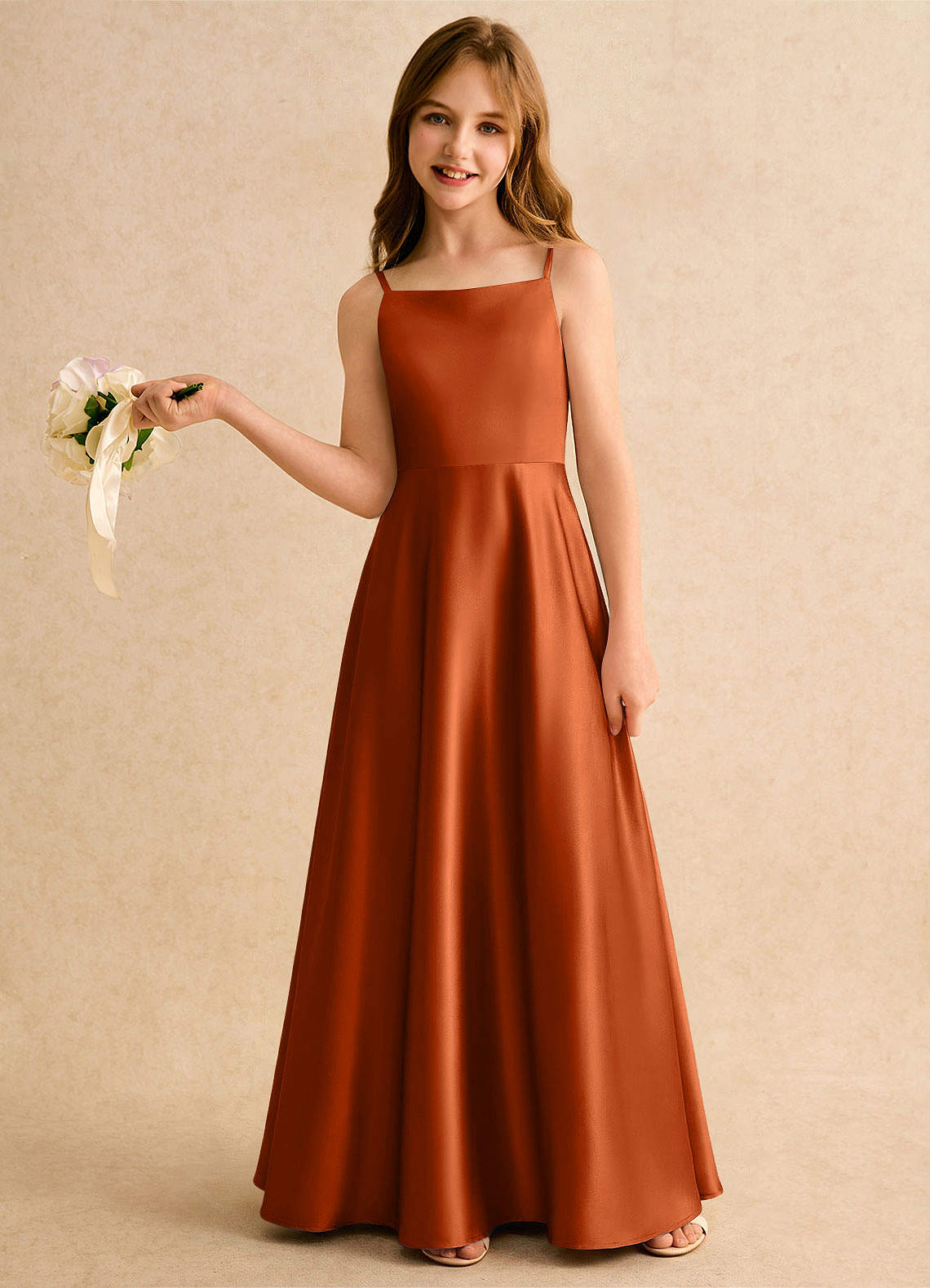 Azazie Joella Girls Formal Flower Girl Dresses Burnt Orange A-Line Pleated Stretch Satin Dress image1
