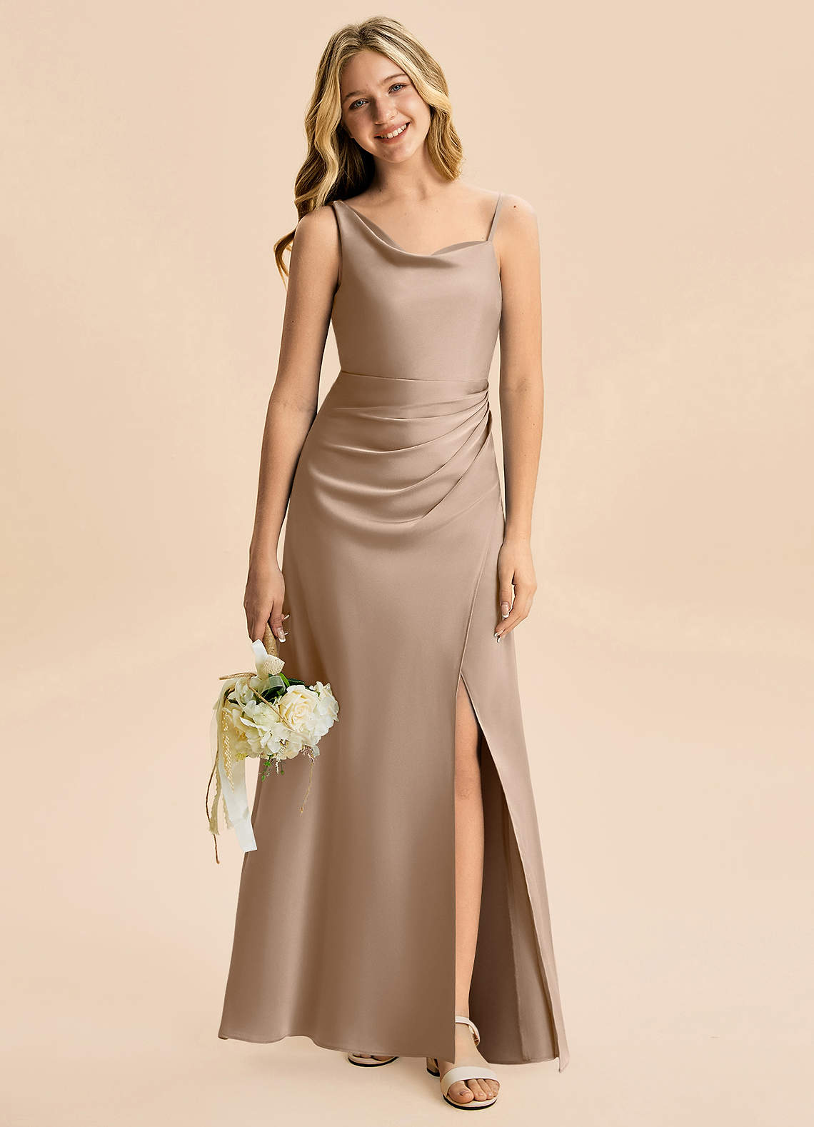 taupe junior bridesmaid dresses Azazie Sheath Cowl Neck Floor-Length Stretch Satin The tulle skirt brings