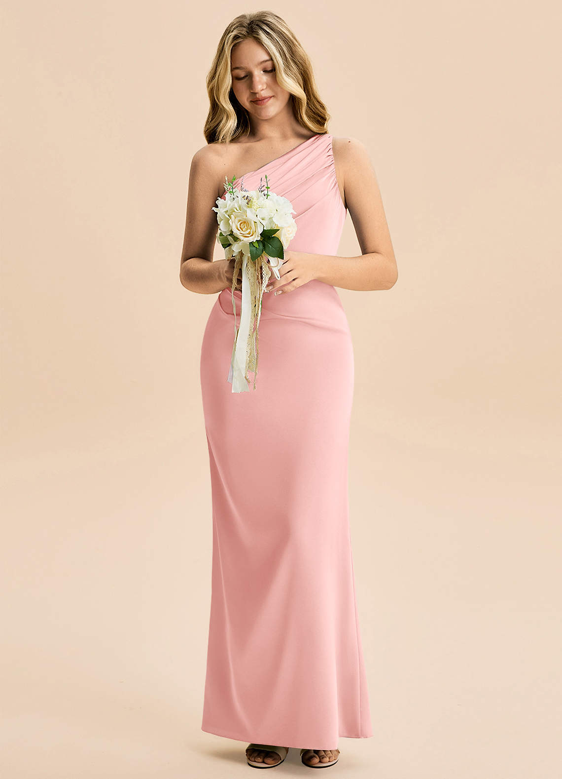 Azazie Akilah Junior Powder Pink Sheath Pleated Stretch Satin Dress image3